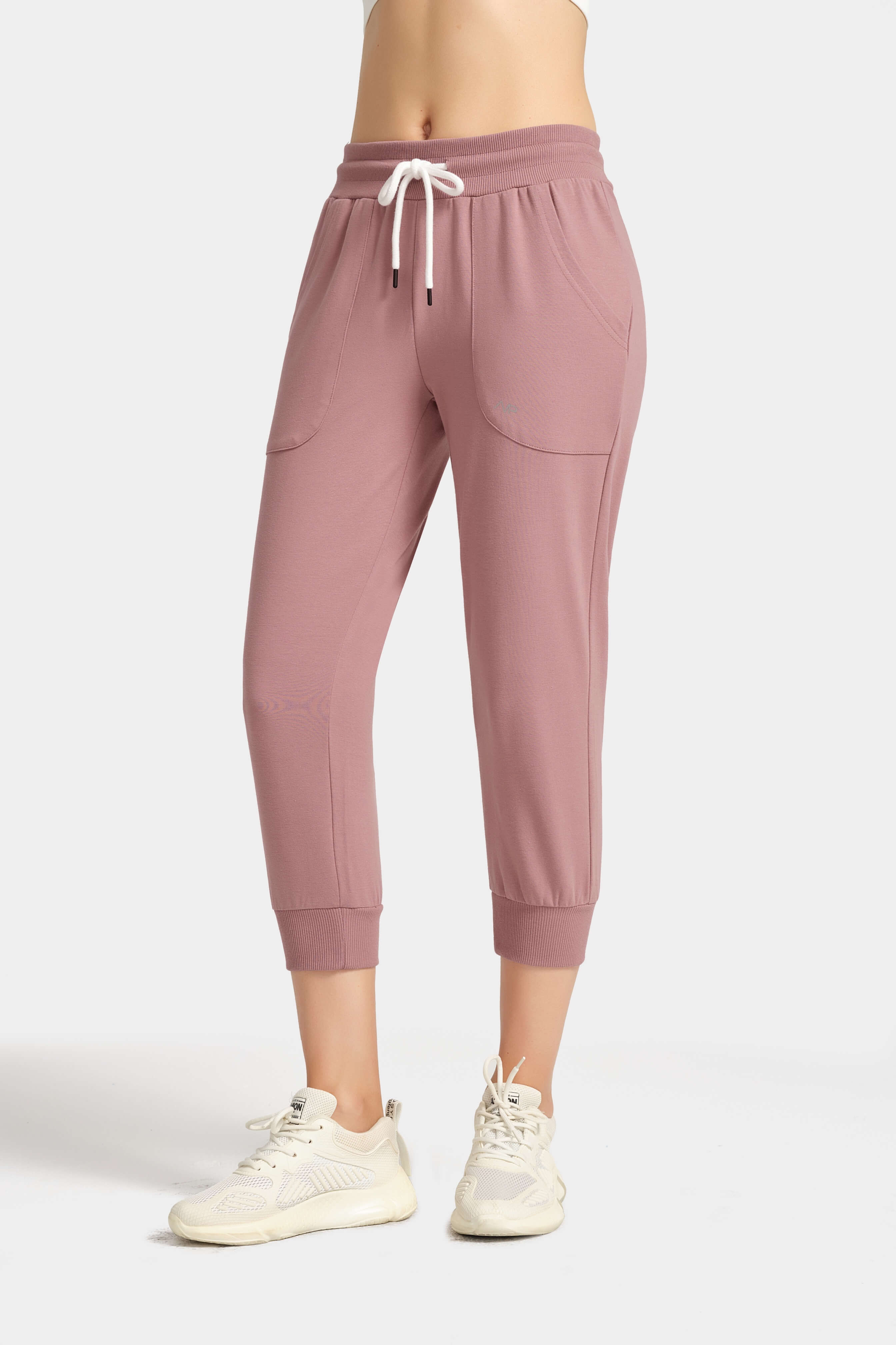 Women Capri Sweat Pants Cotton Gym Joggers Wide Leg with Large Pockets Pink  by PULI